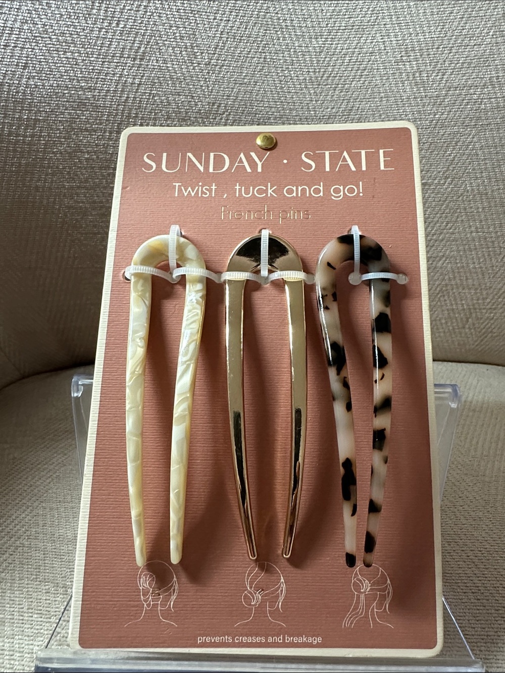 Cream, Gold & Tortoiseshell Hair French Pins - 3 Pair Set